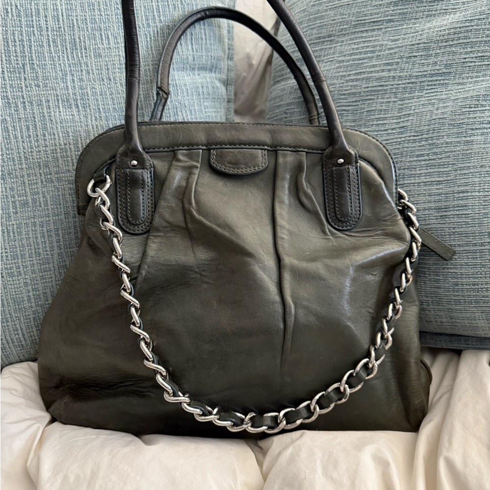 Chic Green and Silver Satchel with Chain Strap